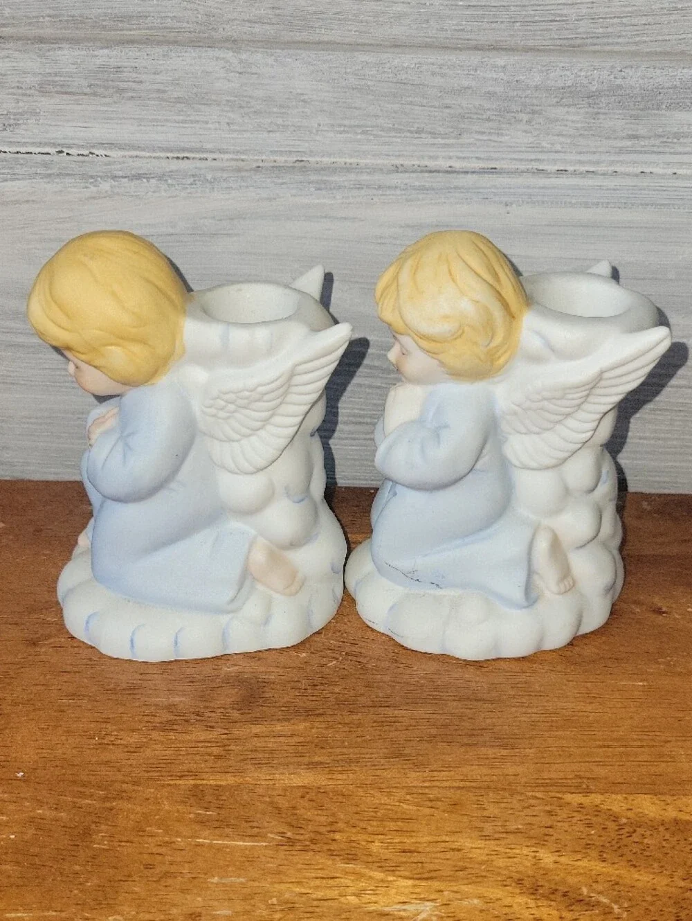 Porcelain Praying Angel Figurines Pair in Light Blue Candle Holders